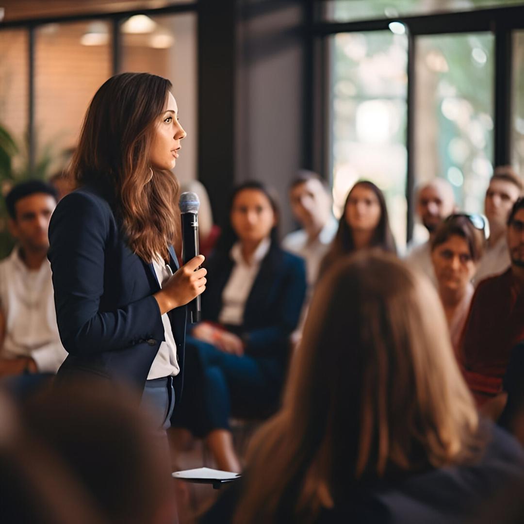 Professional English speaking training - Woman presenting confidently